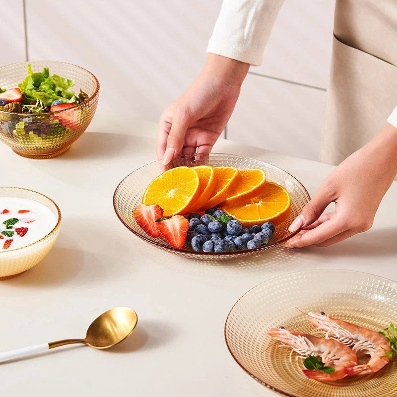 媚家两只8英寸琥珀原色高硼硅玻璃星钻圆盘耐高温微波炉烤箱专用