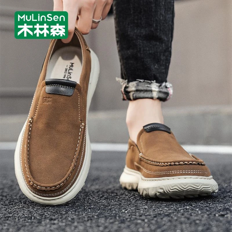 木林森休闲皮鞋男款秋季软底舒适轻便一脚蹬脚宽男鞋子中年爸爸鞋
