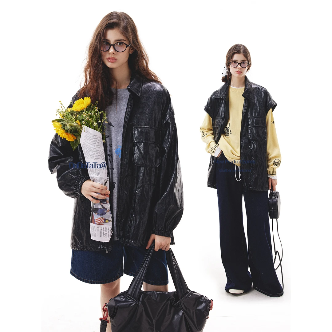 晶咕白标【摩登飒秋】袖口可拆卸休闲皮衣外套女秋