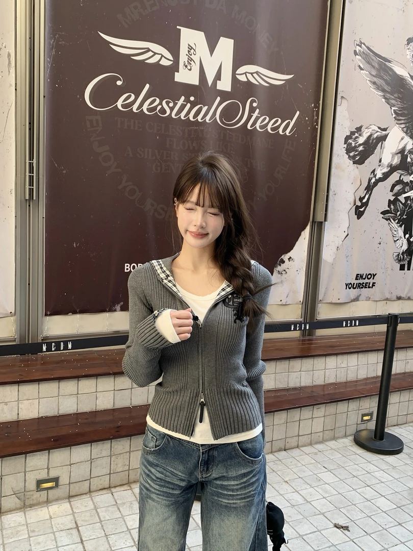 【三三】复古格子拼接灰色连帽毛衣女修身慵懒风针织开衫外套