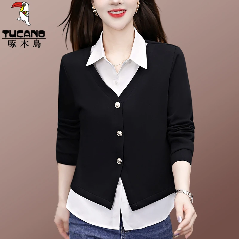 【官方】啄木鸟假两件衬衫女士长袖春秋季新款上衣洋气宽松雪纺衬衣