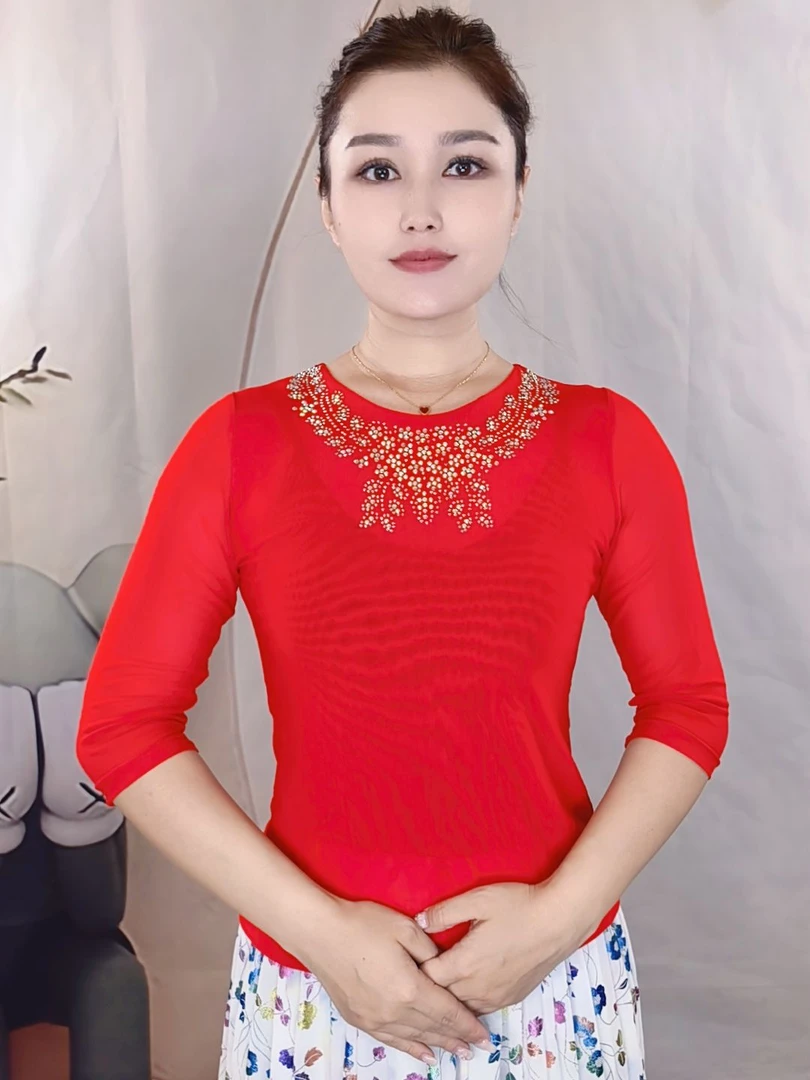 民族舞蝴蝶钻双层网纱上衣