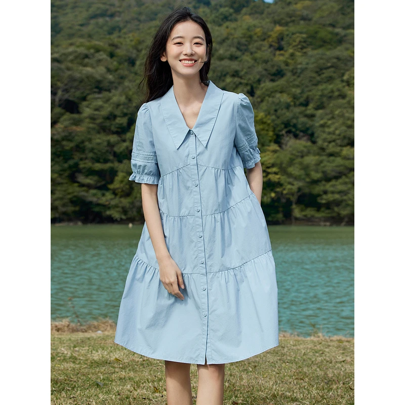 【品牌专柜】茵曼裙子清凉娃娃领泡泡袖A字连衣裙18525990