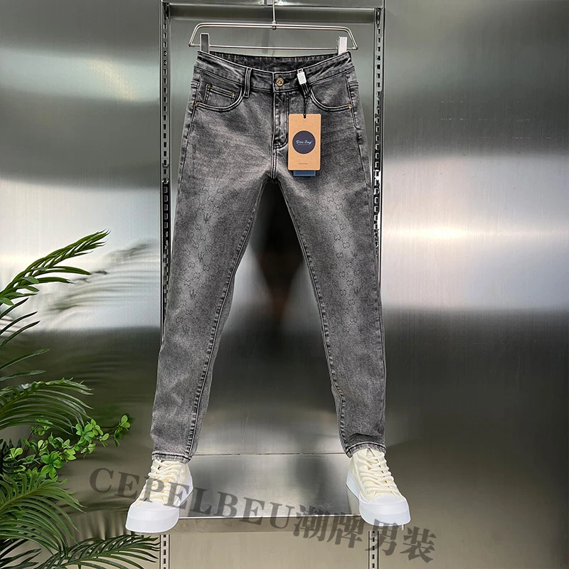 【高端】轻商务高奢牛仔裤男士黑灰色修身显瘦潮牌小直筒休闲裤百搭