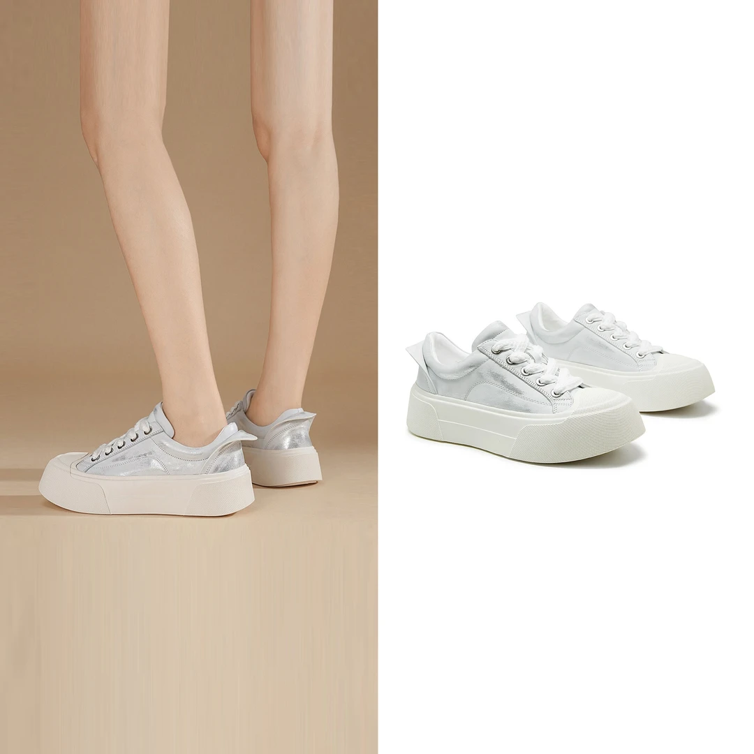 【今银踩宝】厚底增高底帮女银色真皮小白鞋2D15249