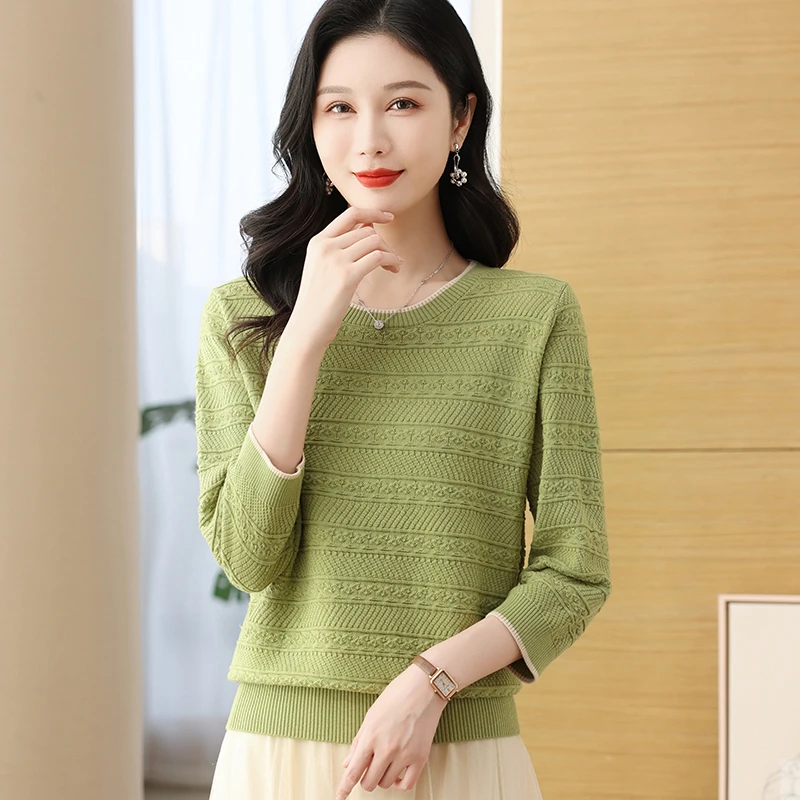 2025新款春秋圆领女装九分袖气质洋气宽松显瘦纯色百搭内搭针织