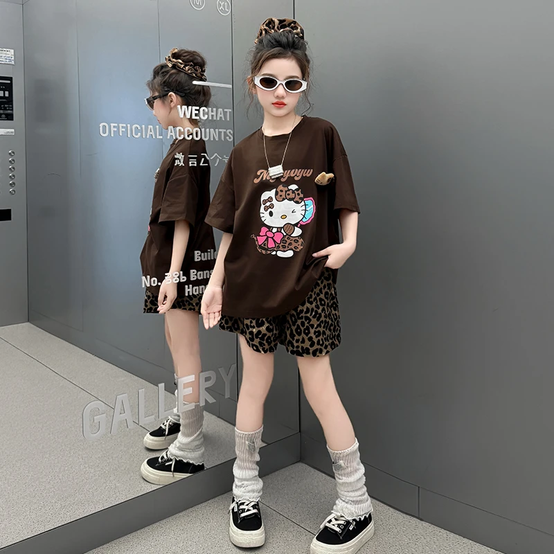 女童夏装短袖套装2025新款韩版夏季中大童洋气时髦豹纹短裤两件套