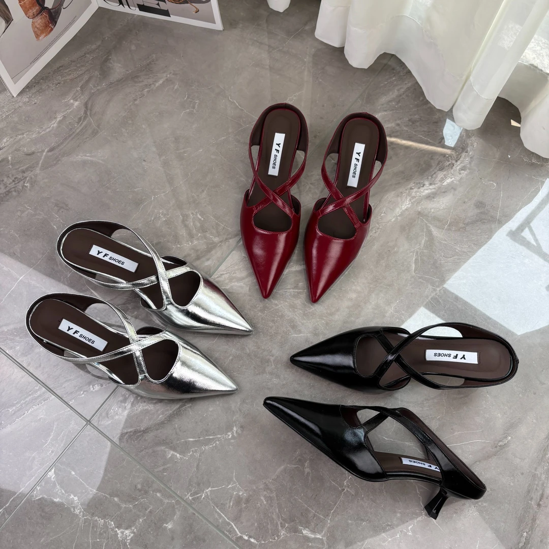 法式穆勒鞋女半拖2025夏季新款细跟包头尖头交叉带外穿拖鞋凉鞋女