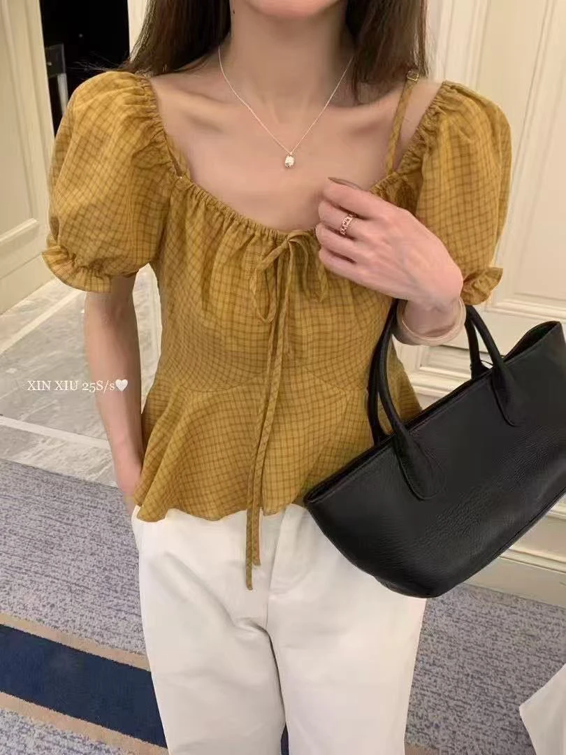 susan@25299 韩系露肩绑带泡泡袖格纹小衫 6-3