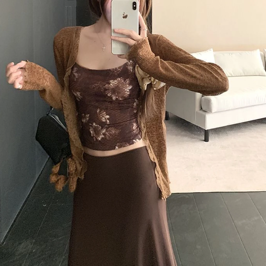 复古美拉德套装薄款长袖开衫女碎花吊带背心夏季鱼尾半身裙三件套