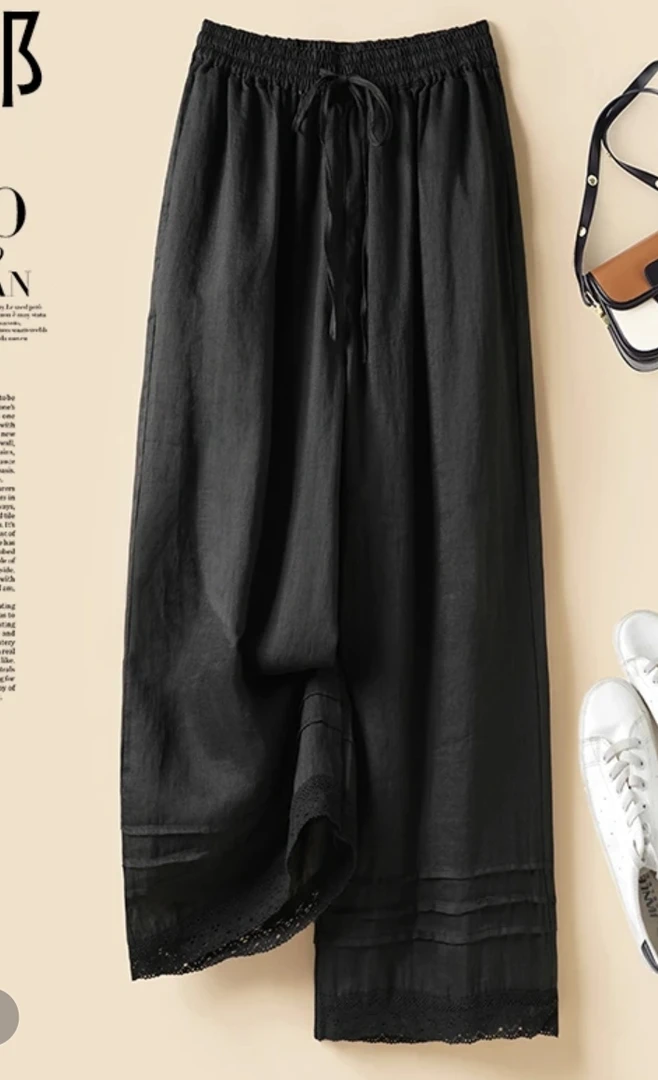 25387（45）蕾丝花边高腰九分阔腿裤女夏季宽松减龄休闲裤