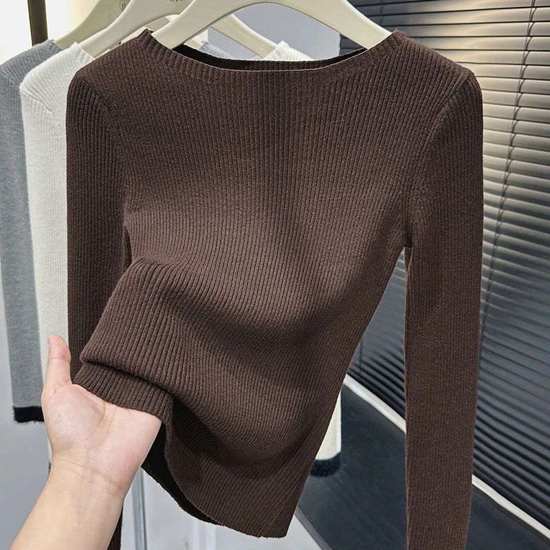 一字领软糯咖色针织打底衫2025秋冬新款女士柔软亲肤气质套头上衣