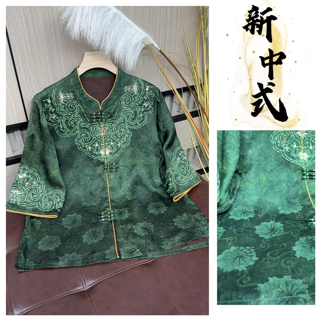 徐先生推荐-新中式印染薄款上衣绿色网红重磅短款夏季新中式气质