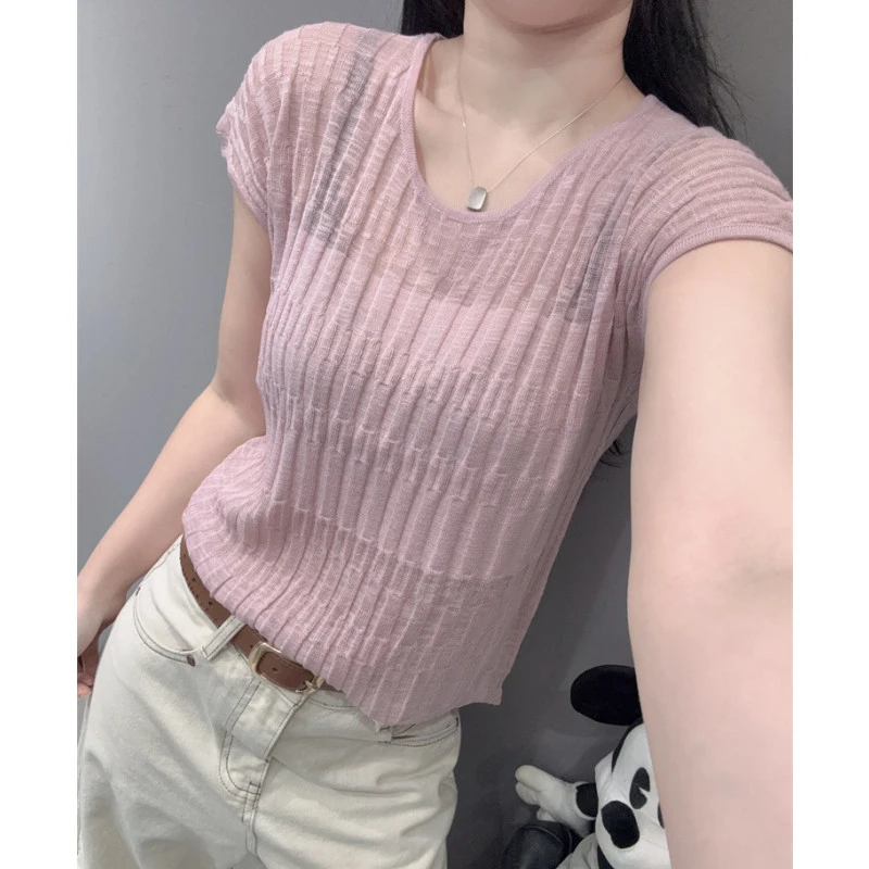 提花条纹冰丝针织衫短袖女欧洲站气质百搭显瘦修身性感微透上衣夏