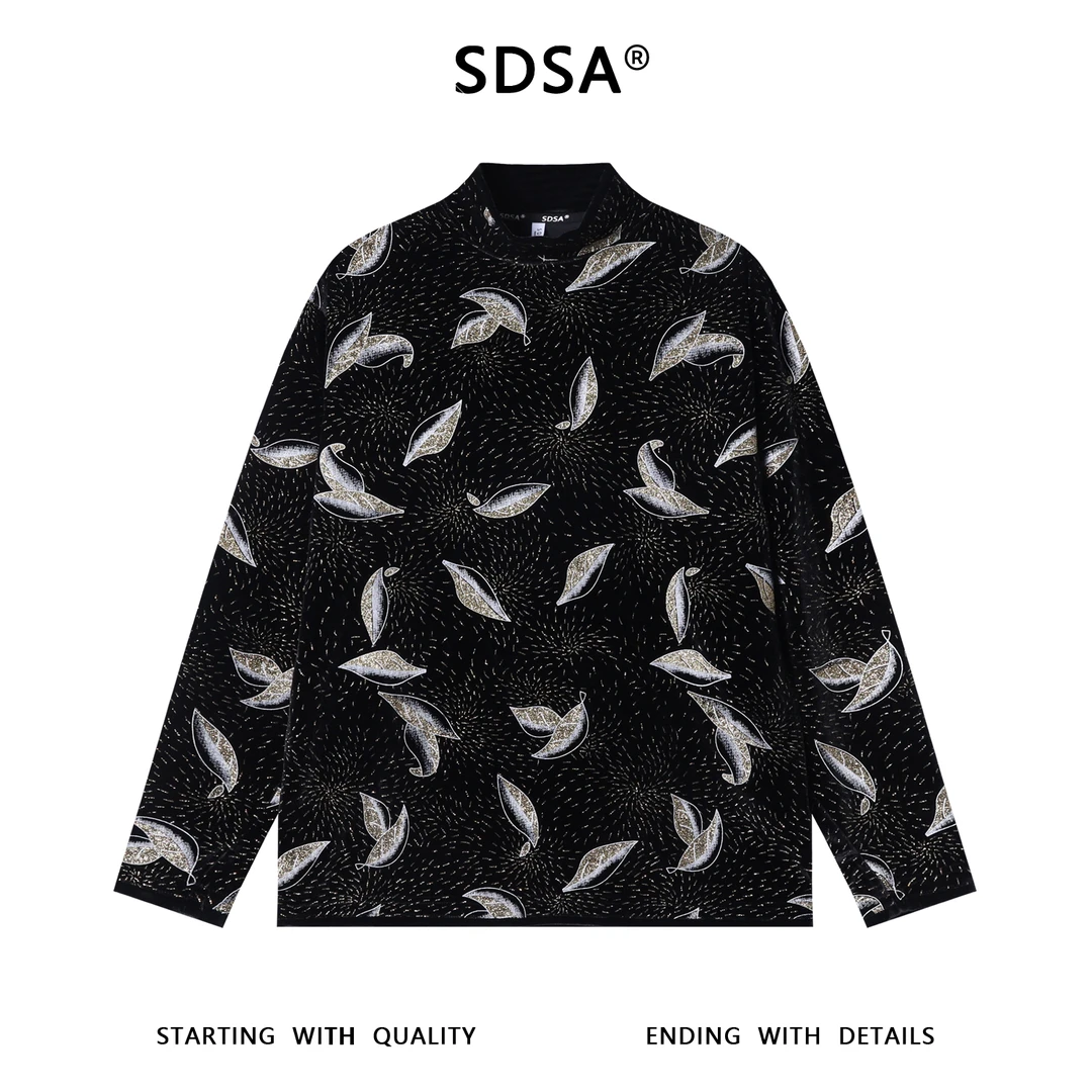 SDSA秋冬新款痞帅男装韩版满印洒金树叶设计半高领长袖T恤百搭