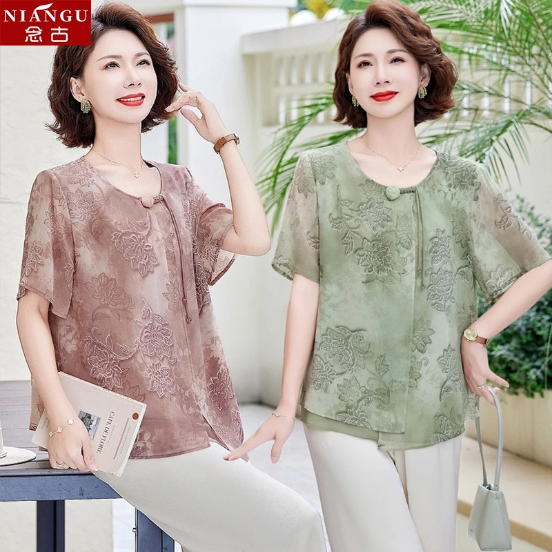 中年妈妈夏装雪纺短袖上衣洋气2025新款中老年女装时尚印花小衫