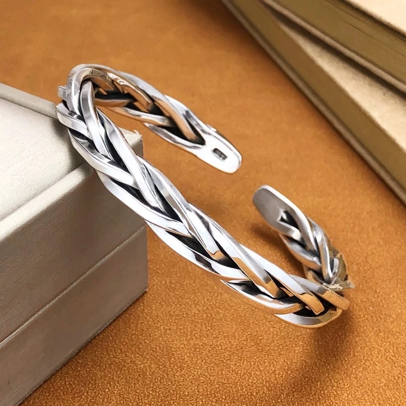 足银手镯 【银大生】足银999 开口实心做旧麻花手镯白银手镯复古