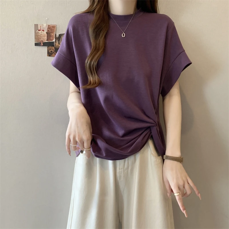 大码女装遮肚子不规则正肩蝙蝠袖T恤女夏季胖MM收腰显瘦别致上衣