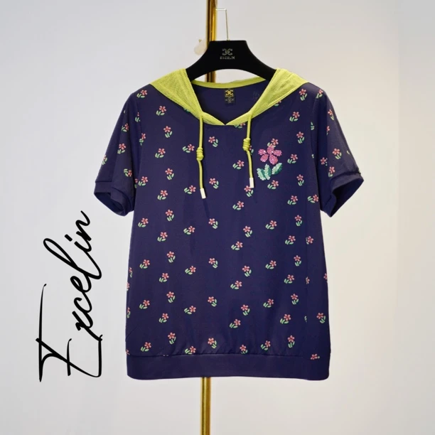 【深蓝花朵拔染印花帽衫】夏新款洋气女士T恤出行短袖高档显瘦减龄
