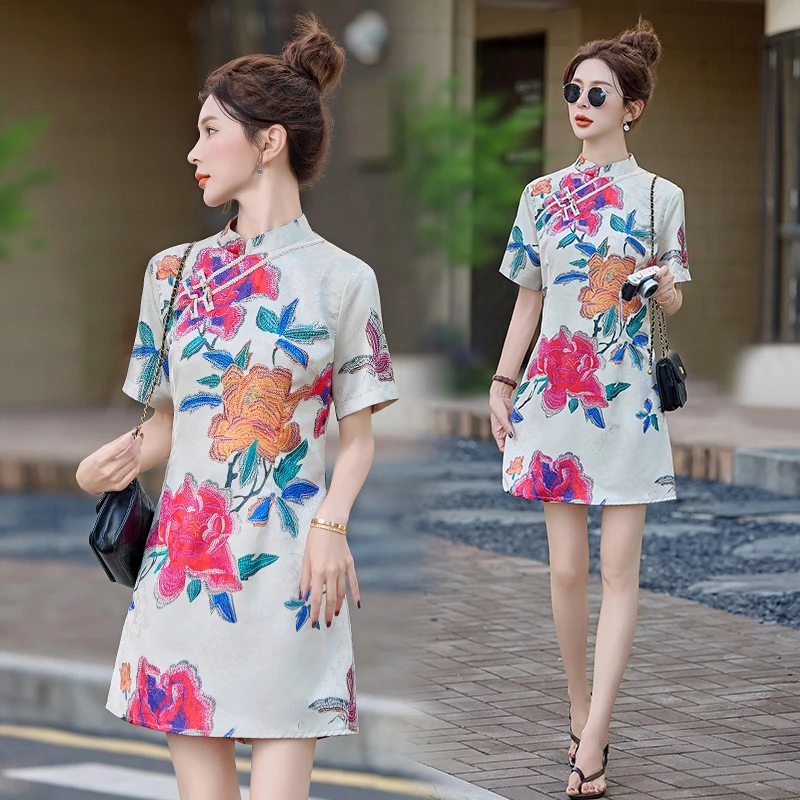 新中式国风时尚两件套装2025新款印花夏装短袖显瘦气质改良旗袍裙