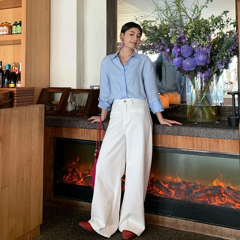 REDR白色压皱设计感高腰宽松垂感直筒牛仔裤女2025春夏新款阔腿裤