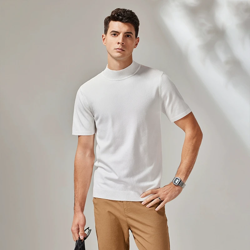 天丝莱赛尔混纺男士短袖毛衣半高领中领T恤打底衫小高领针织衫男