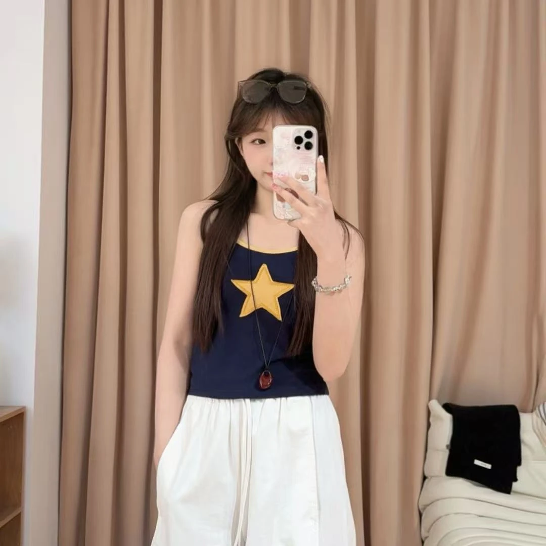 13442余小鱼【星星背心】藏青色撞色图案休闲夏季无袖吊带背心女装
