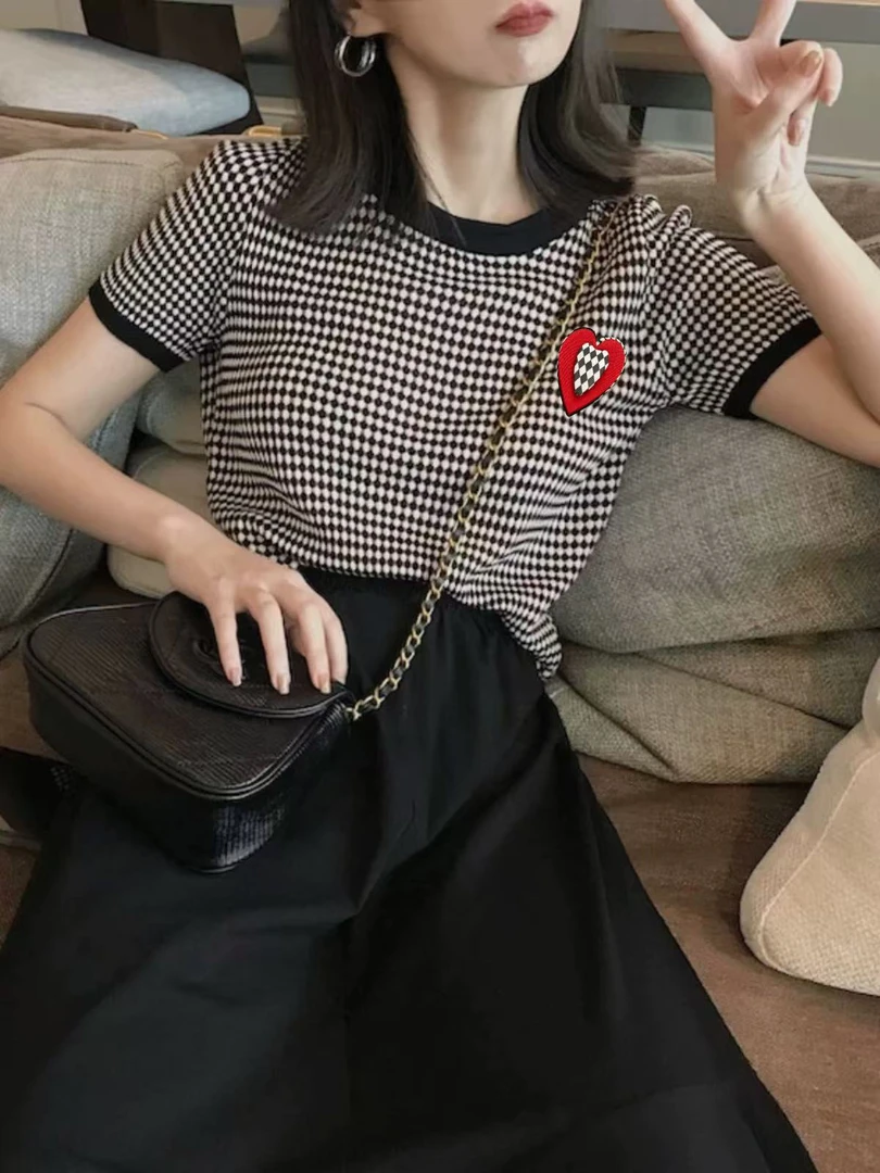 张金家百搭女人味气质千鸟格针织打底衫上衣