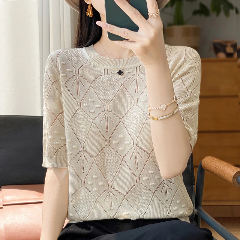 薄款镂空冰丝针织短袖T恤女夏装2025新款大码遮肚子显瘦宽松上衣