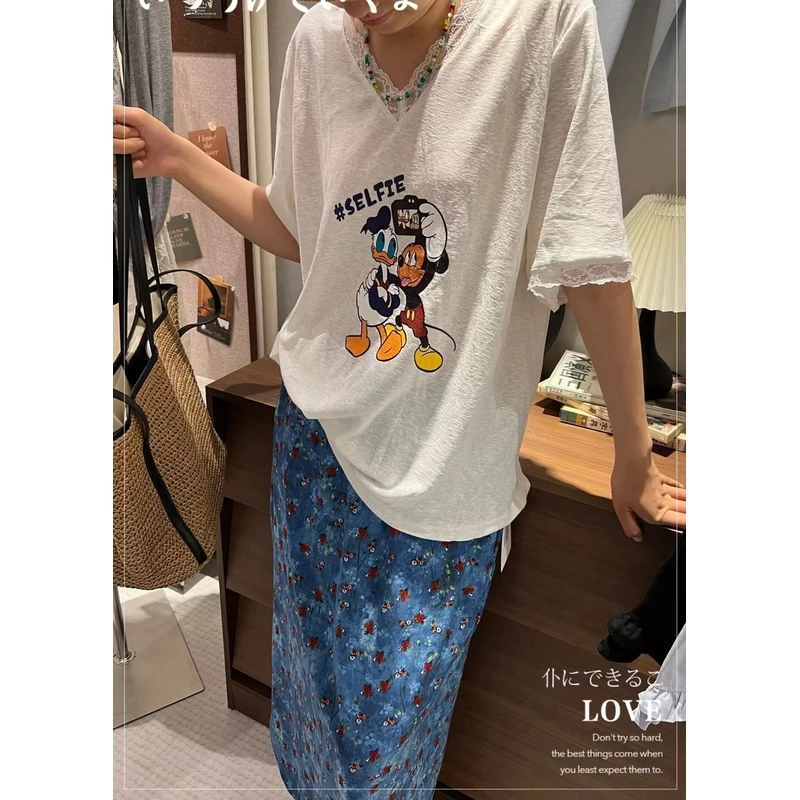 夏季新款米奇V领短袖t恤女中长款宽松遮臀小众半袖时尚百搭上衣潮