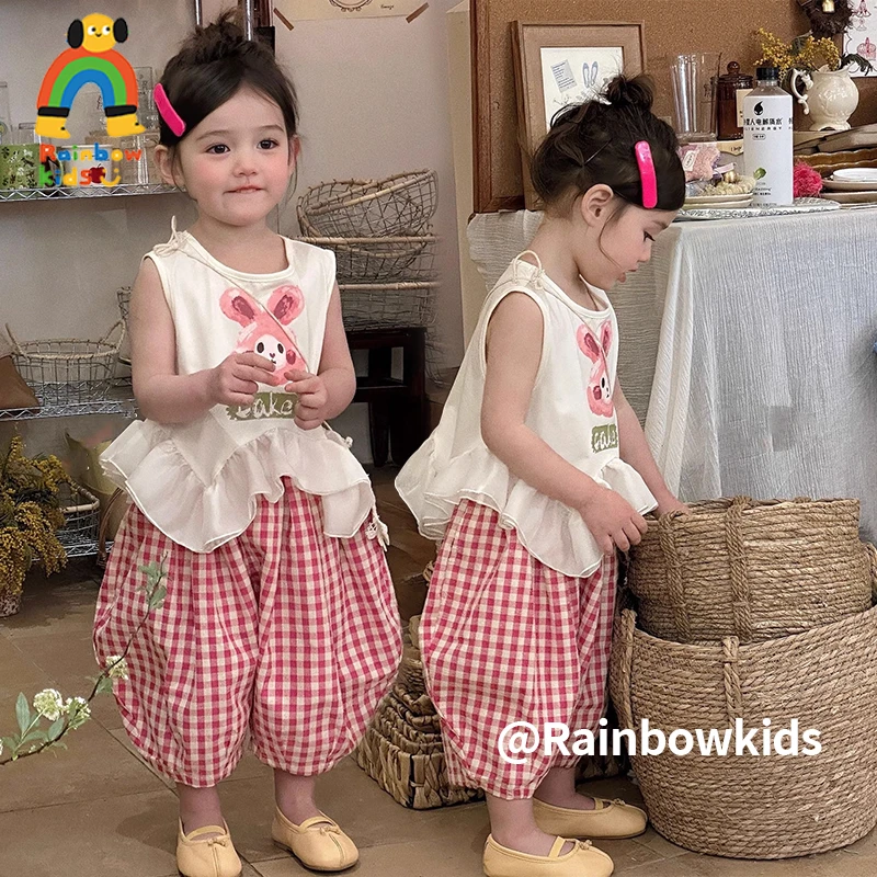 【彩虹家】2025夏款韩系百搭小兔子上衣休闲灯笼裤套装-88198