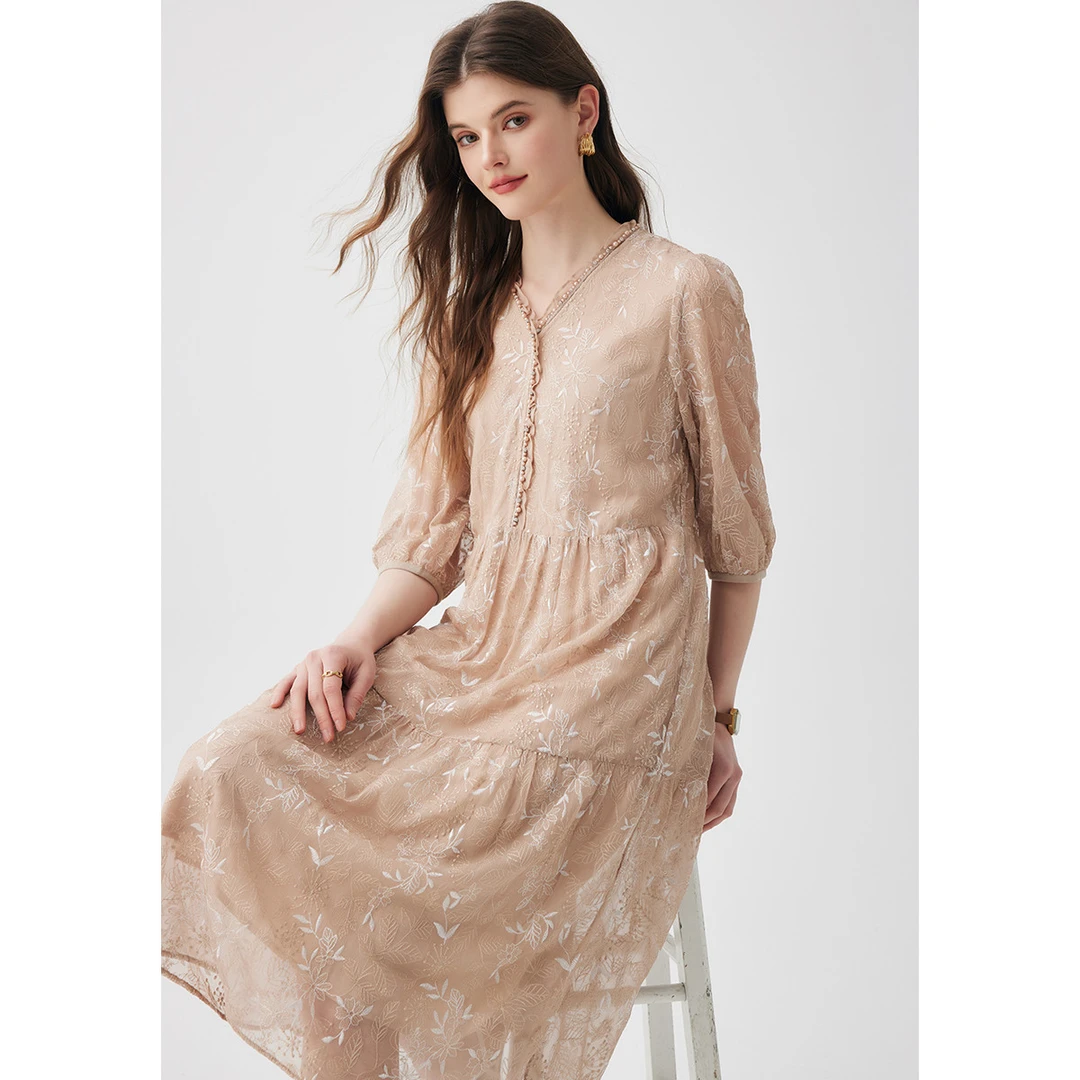 织带】桑蚕丝春夏花边V领双色刺绣真丝连衣裙女ES2F0279Z