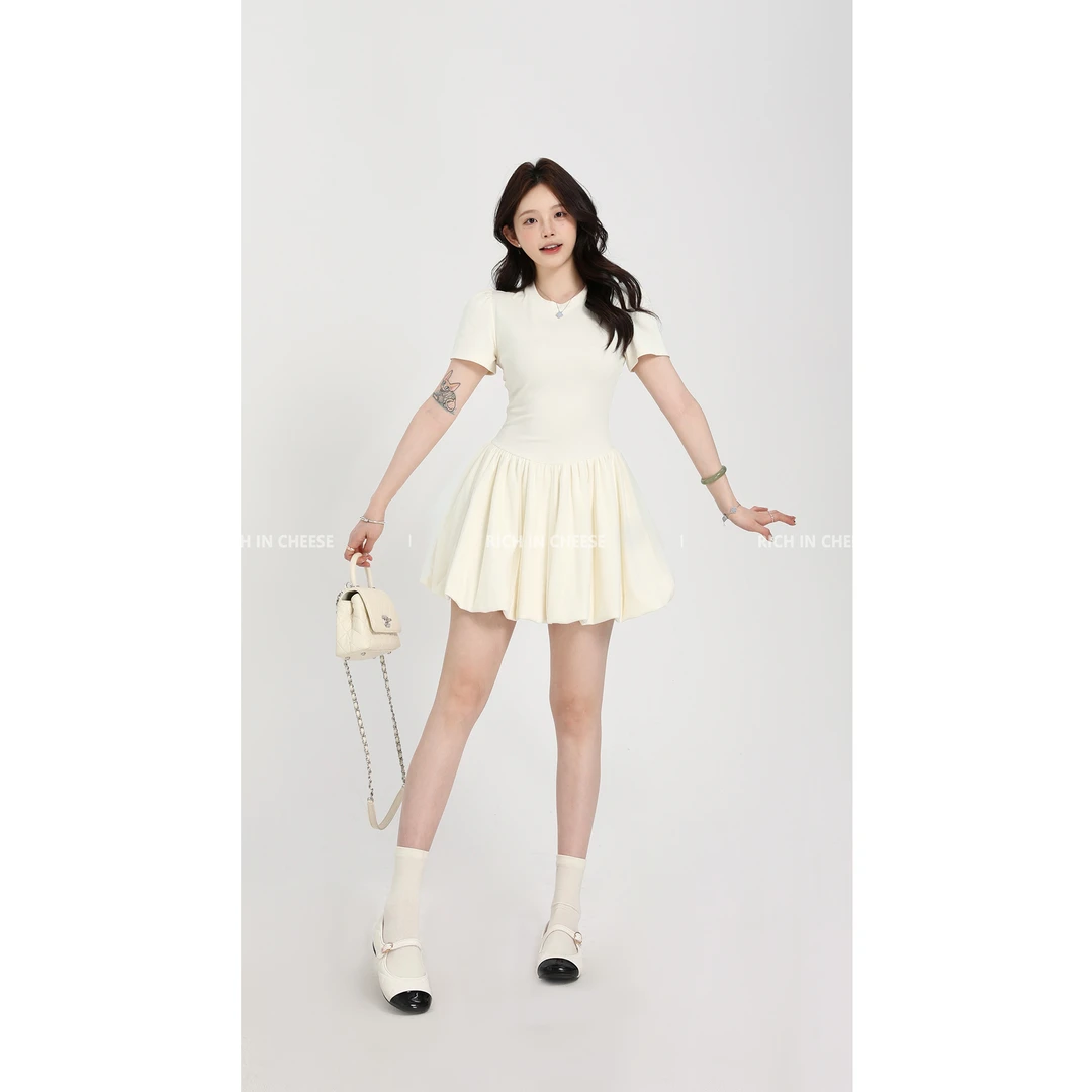 【清清】金川川 盛夏日落 韩系设计网纱针织蓬蓬棉质收腰连衣裙