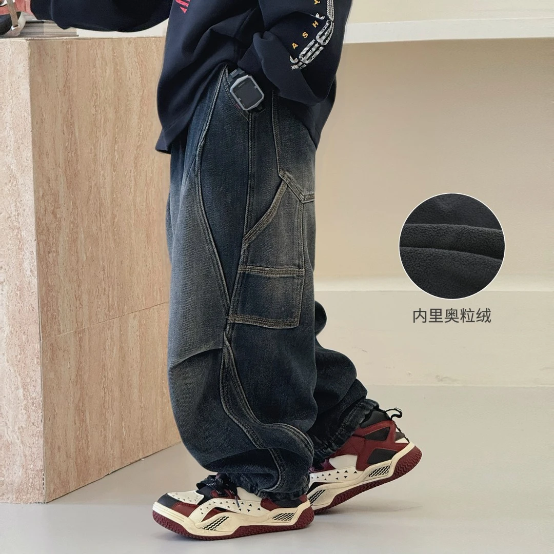 男童加绒裤子冬季新款男孩帅气长裤儿童潮流中大童牛仔裤酷11361