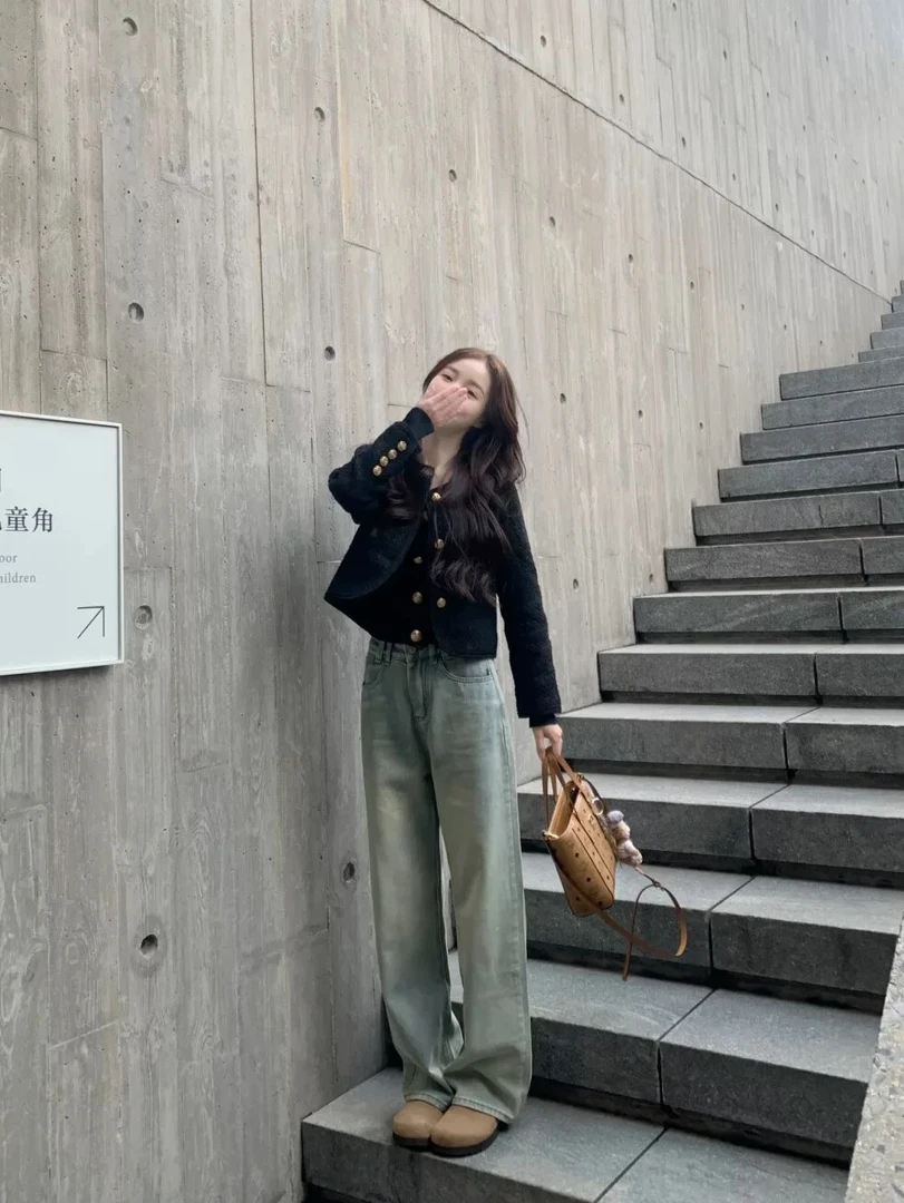 [濑]窄版直筒牛仔裤女秋冬加绒加厚垂坠感高腰显瘦拖地阔腿裤子