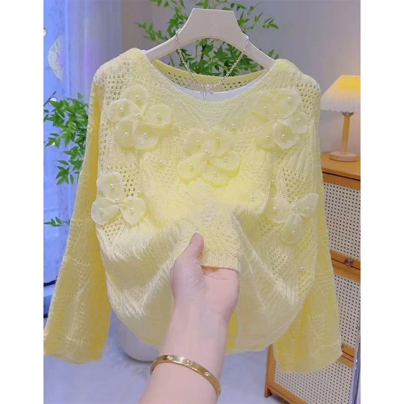 氛围感黄色花朵钉珠镂空微透针织衫春秋时尚百搭软糯慵懒风毛衣女