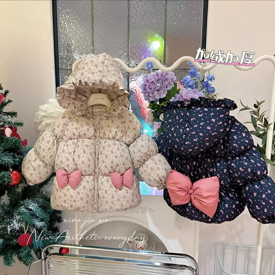 童装女童2024新款棉衣外套冬季加厚加绒儿童碎花蝴蝶结棉服上衣