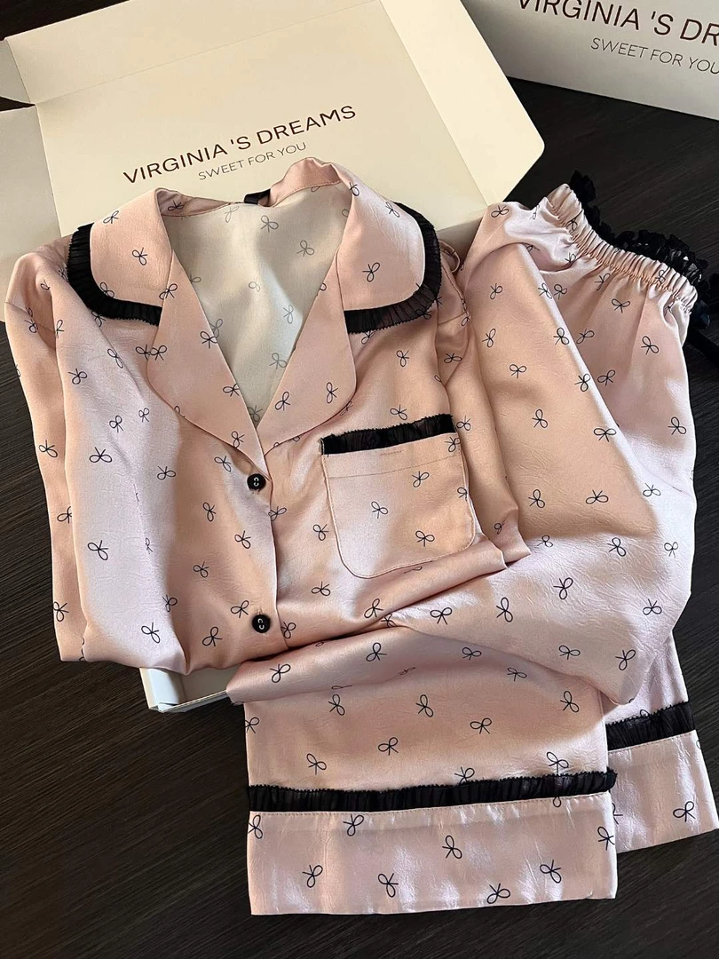 法式甜美蝴蝶结冰丝睡衣女款春秋新款蕾丝花边长袖长裤家居服套装