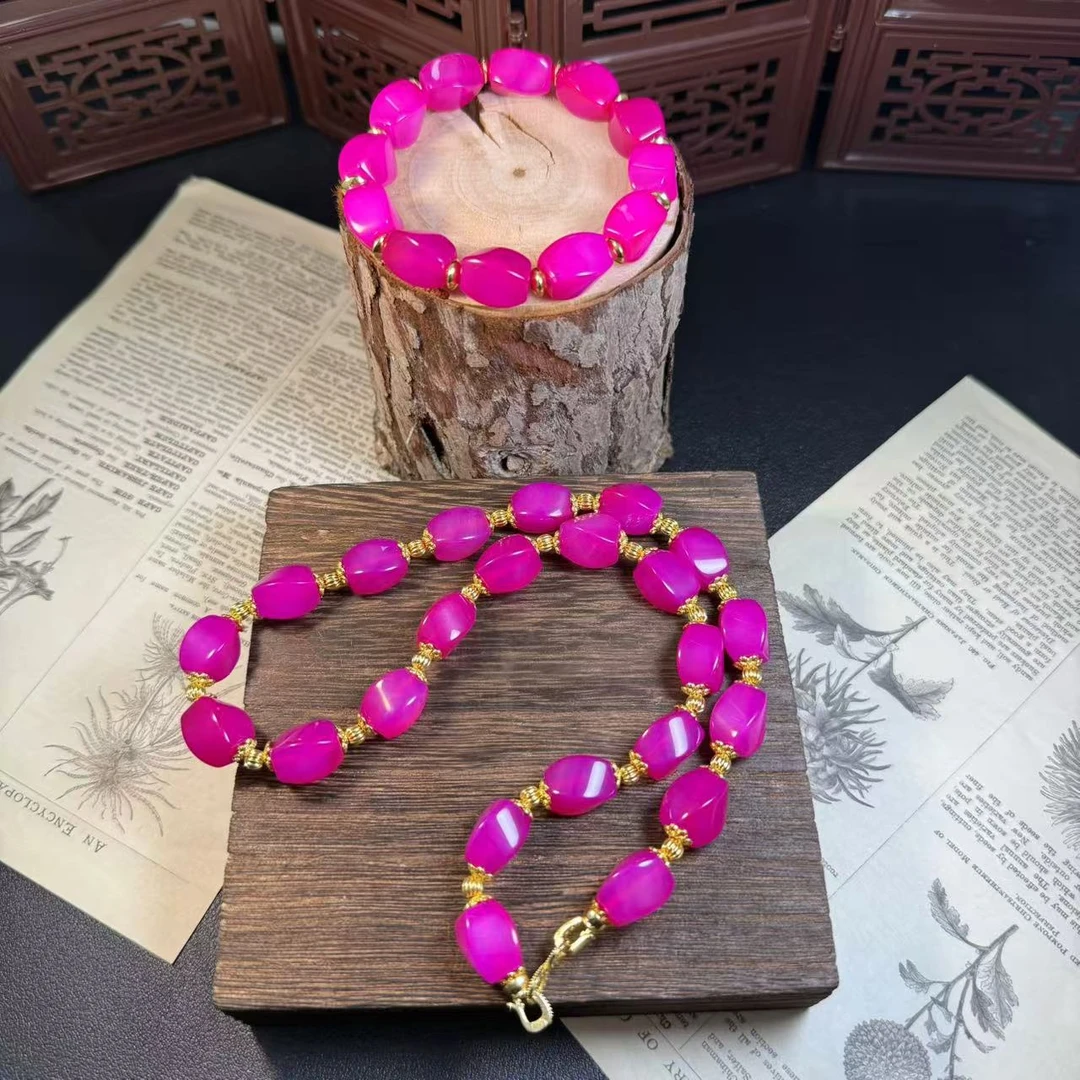 高定珠宝精选苏俱玛瑙樱花粉菱形珠项链+手链套装-x492+s1003合金