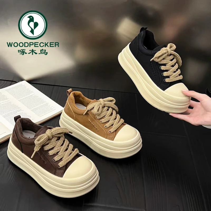 啄木鸟韩版冬季加绒面包鞋女厚底百搭松糕板鞋2025新款休闲单鞋女