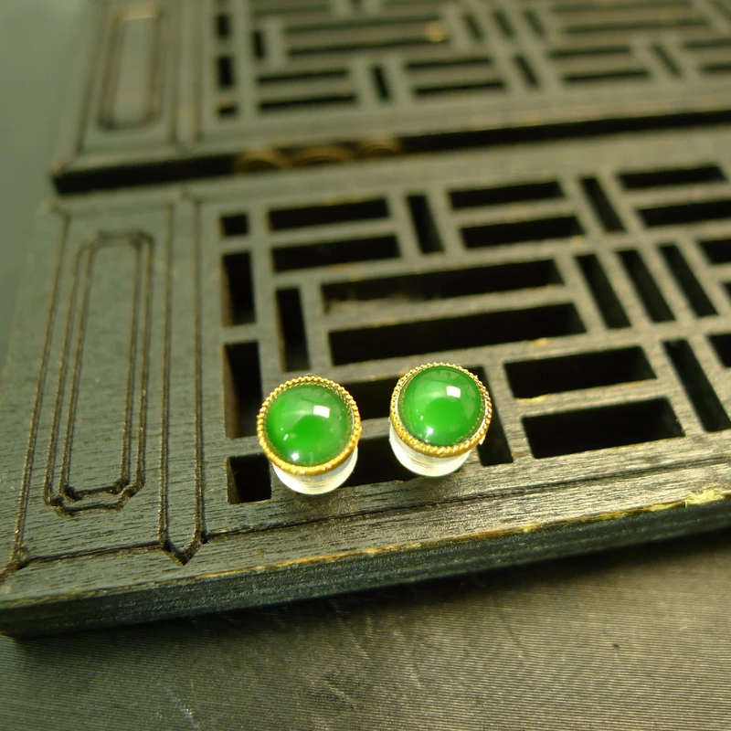 #F451 18K金镶嵌冰种满绿缅甸天然A货翡翠圆形蛋面耳钉耳饰