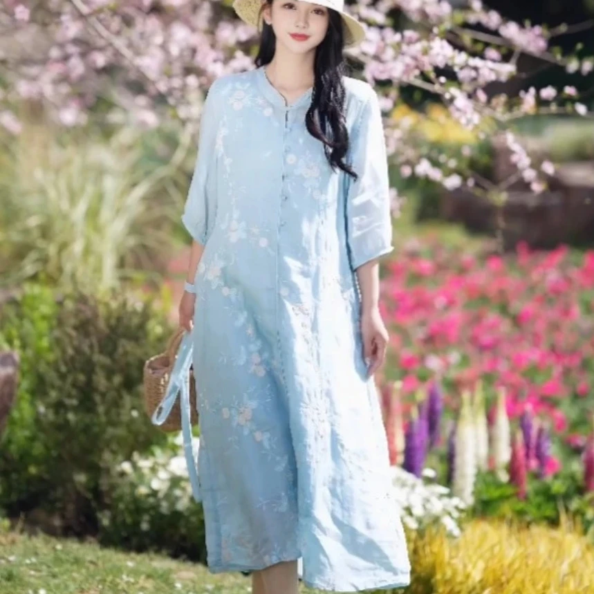 新中式刺绣宽松遮肉短袖a字连衣女夏装2025新款垂感百搭国风长裙