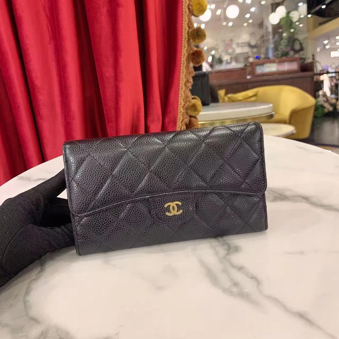 95新 Chanel/香奈儿 GGS香奈儿cf长款钱包黑金荔枝牛皮78461416