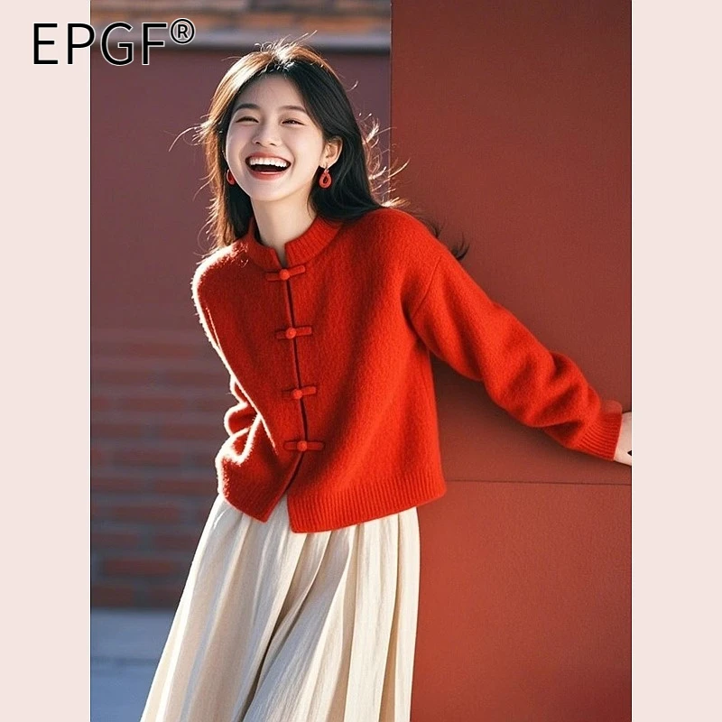 EPGF新中式国风盘扣红色毛衣女2025新款氛围感红色复古针织开衫女