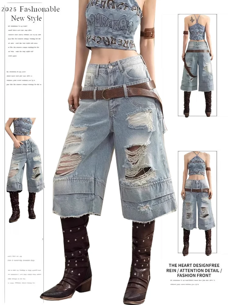 美式复古双腰头破洞牛仔短裤女夏季A字宽松直筒阔腿中裤七分裤子