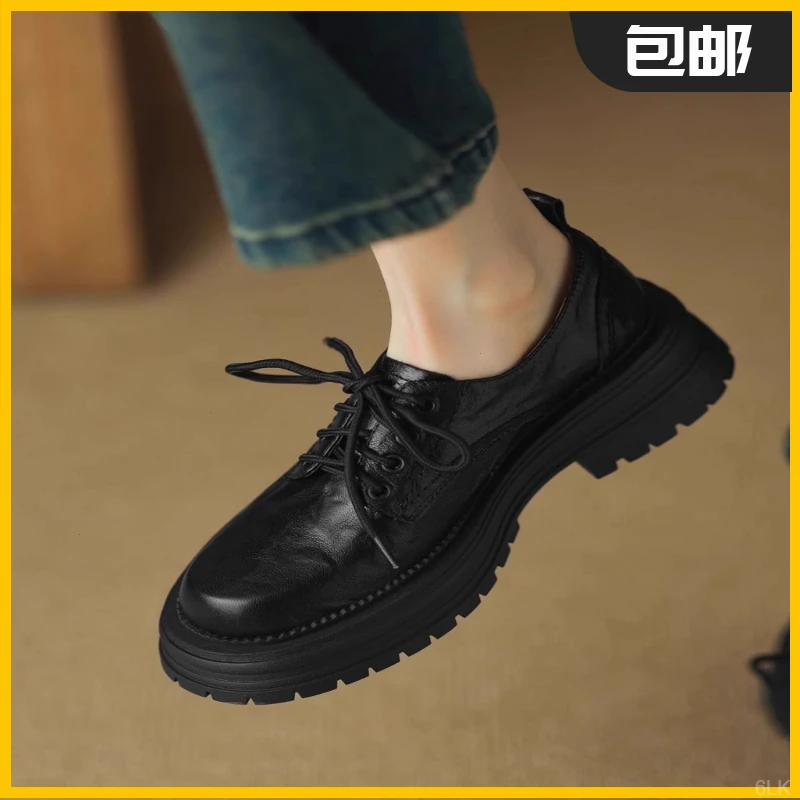 2025春粗中跟女鞋复古厚底单鞋圆头系带手抓羊皮厚底通勤小皮鞋