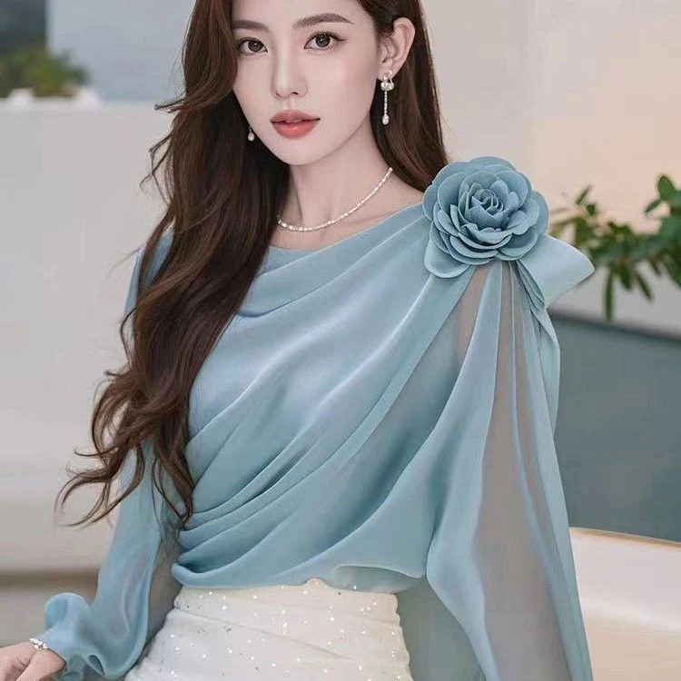 【3224人收藏】2025春秋季新款洋气别致小衫高级感一字领衬衫设计