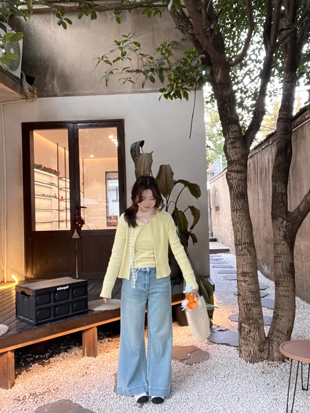 F·【老粉裤】早春超显瘦微弹力直筒阔腿微喇牛仔裤