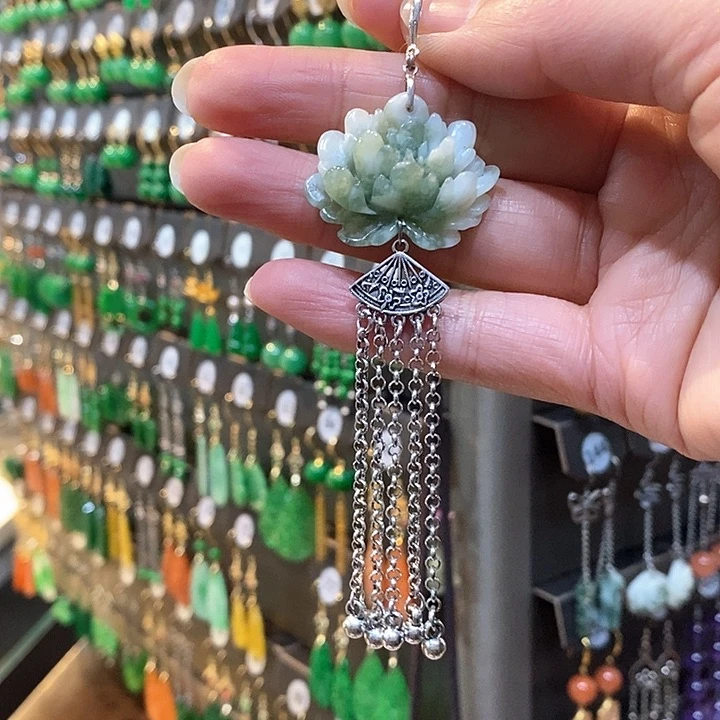 蛇纹石玉耳环银S925镶嵌