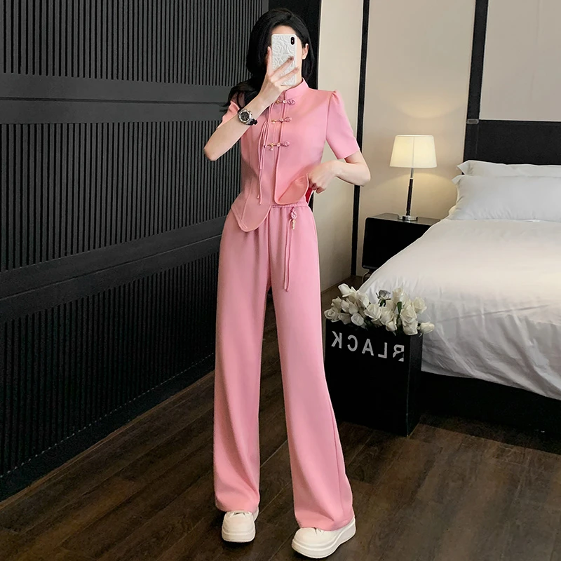 高级感新中式休闲运动套装女夏季时尚减龄气质国风盘扣短袖阔腿裤